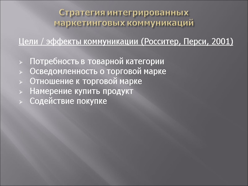 Стратегия интегрированных  маркетинговых коммуникаций   Цели / эффекты коммуникации (Росситер, Перси, 2001)